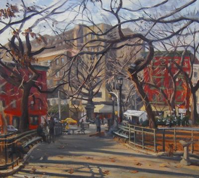 Tompkins Square Park Winter Solstice 20x22 oil on linen POR